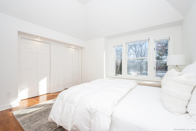 bedroom with hardwood / wood-style floors and multiple closets