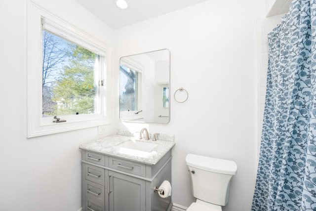 bathroom featuring toilet, vanity, and walk in shower