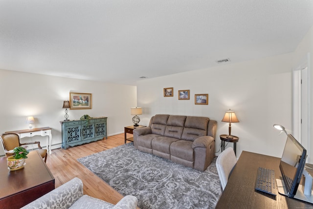 living room featuring light wood-type flooring and a baseboard heating unit