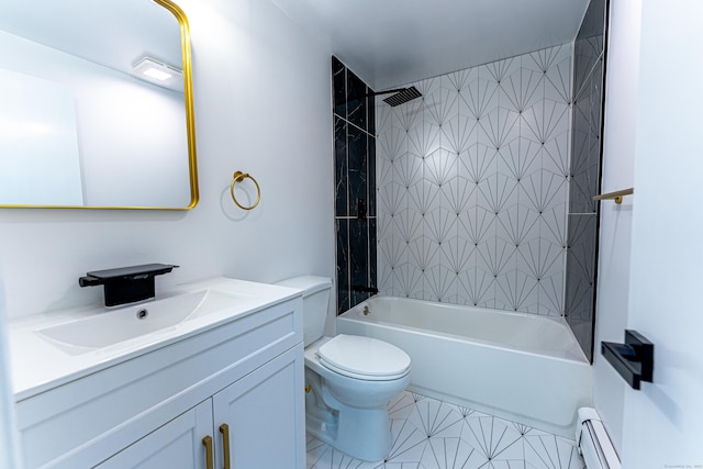 full bathroom with vanity, toilet, tiled shower / bath, and a baseboard heating unit