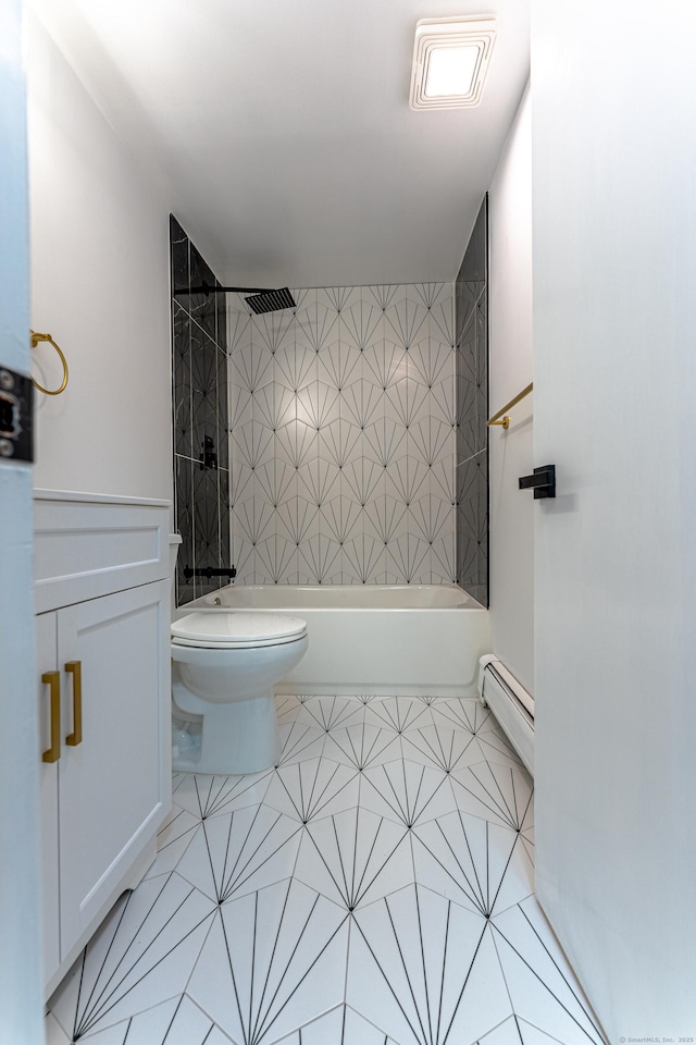 bathroom featuring  shower combination, toilet, and a baseboard radiator