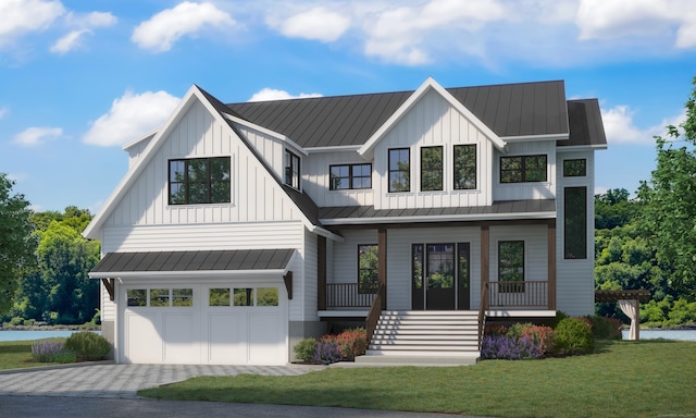 modern inspired farmhouse with board and batten siding, a porch, a front yard, decorative driveway, and a standing seam roof