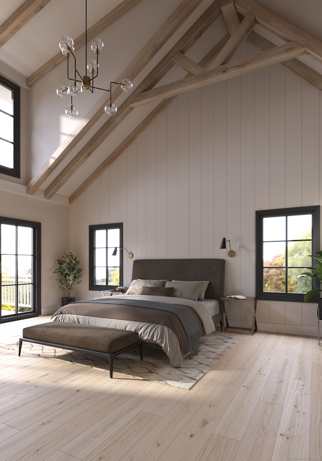 bedroom with beamed ceiling, high vaulted ceiling, a notable chandelier, and hardwood / wood-style flooring