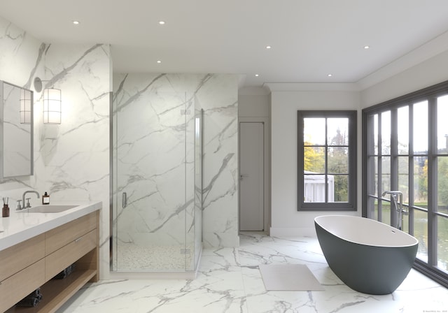 bathroom featuring marble finish floor, recessed lighting, a marble finish shower, a soaking tub, and stone wall