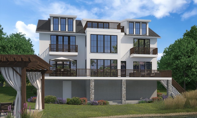 rear view of property with a yard, a pergola, and a balcony