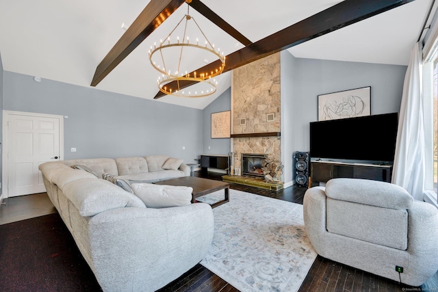 living room featuring a stone fireplace, dark hardwood / wood-style flooring, beamed ceiling, high vaulted ceiling, and a chandelier