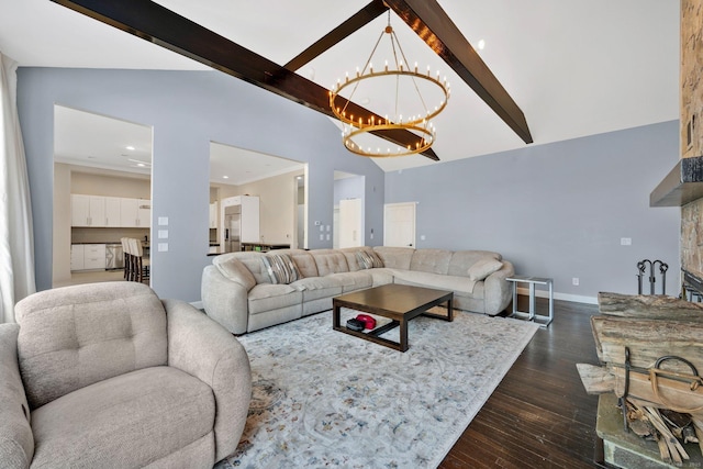 living room with beamed ceiling, a notable chandelier, dark wood-type flooring, and high vaulted ceiling