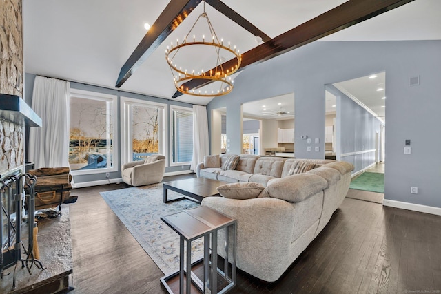 living room featuring vaulted ceiling with beams, dark hardwood / wood-style flooring, and a notable chandelier