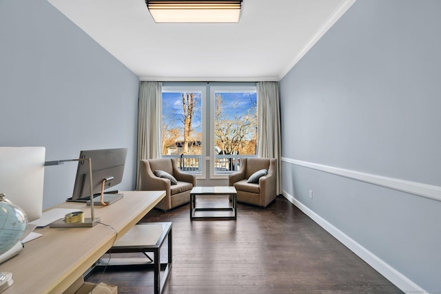 office area featuring dark hardwood / wood-style floors and ornamental molding