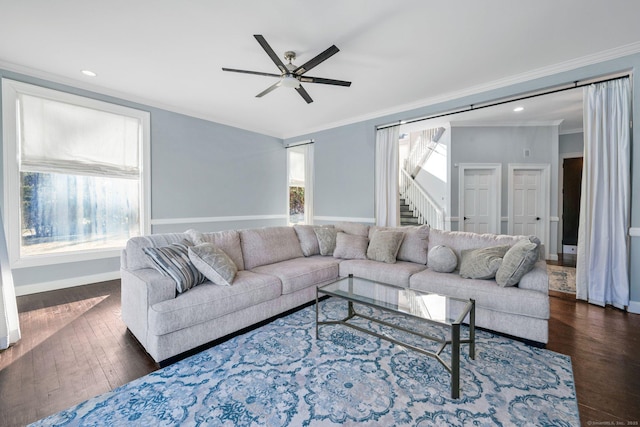 living room with ceiling fan, crown molding, and dark wood-type flooring