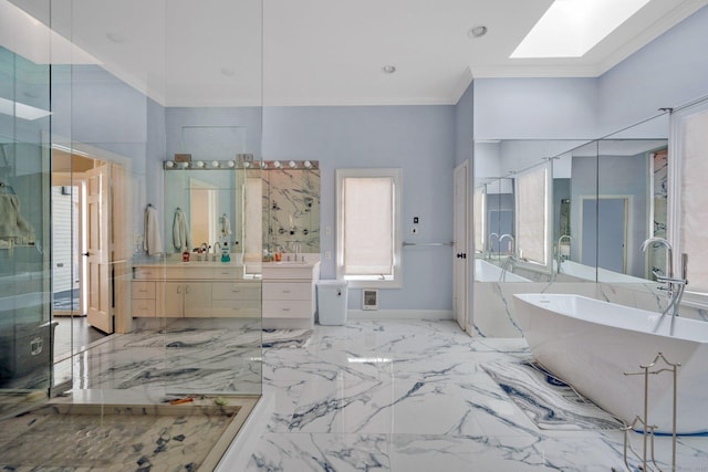 bathroom featuring plus walk in shower, vanity, a skylight, and crown molding