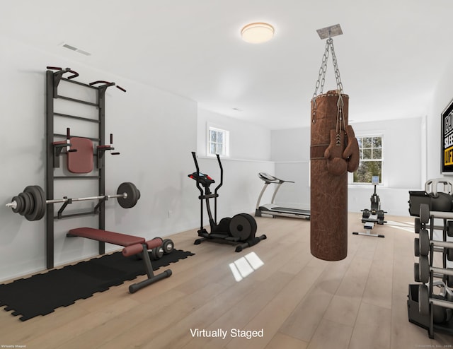 workout area with a wealth of natural light and light hardwood / wood-style flooring