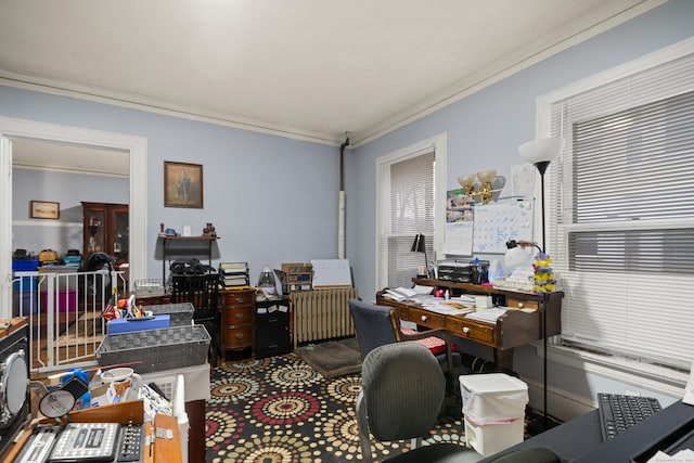 home office with ornamental molding