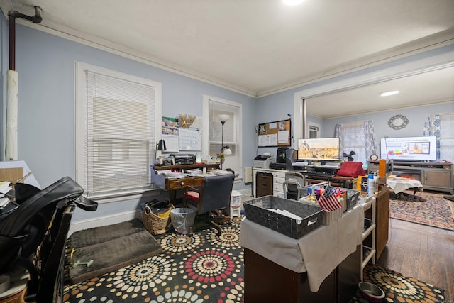 office featuring hardwood / wood-style flooring and crown molding