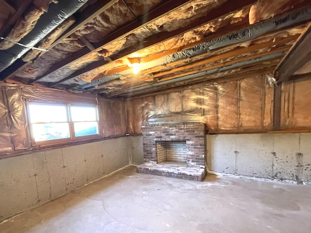 basement featuring a fireplace