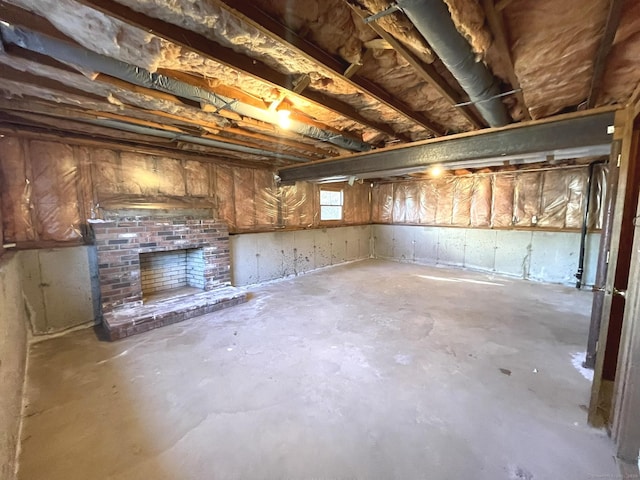 basement with a fireplace