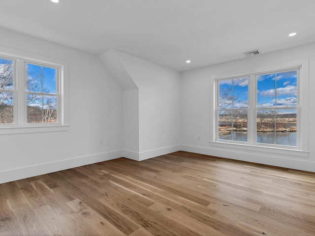 additional living space featuring a water view, a healthy amount of sunlight, and light wood-type flooring