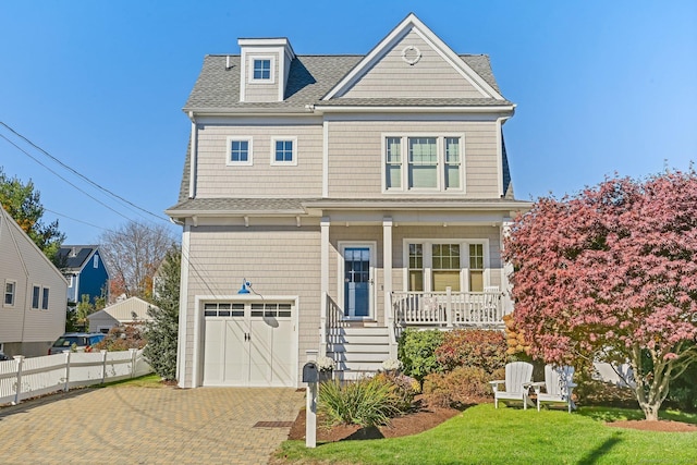 view of front of property with covered porch, a garage, and a front lawn