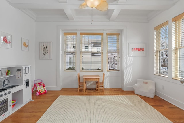 playroom featuring light hardwood / wood-style flooring, ornamental molding, and beamed ceiling