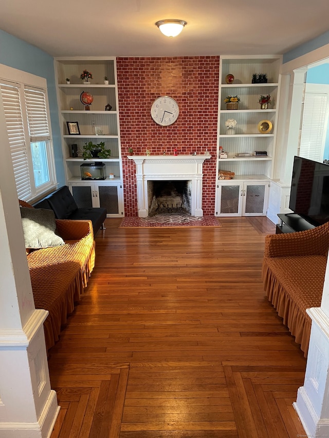 living room with parquet floors