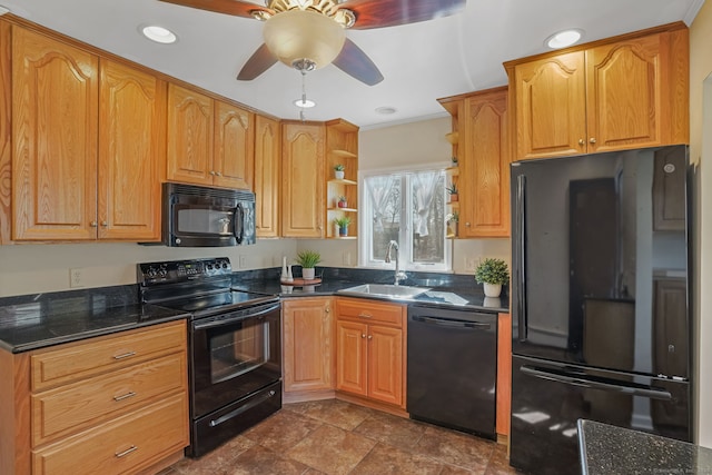 kitchen with a sink, ceiling fan, ornamental molding, black appliances, and open shelves