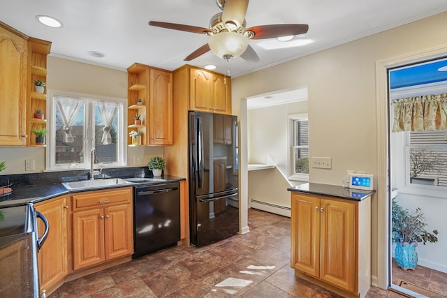 kitchen featuring black appliances, dark countertops, open shelves, and a sink