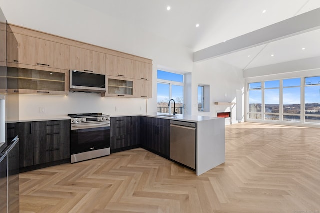 kitchen with light brown cabinetry, sink, appliances with stainless steel finishes, and light parquet flooring