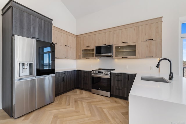 kitchen featuring light brown cabinetry, light parquet flooring, stainless steel appliances, and sink