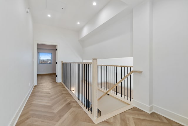 hall featuring light parquet flooring