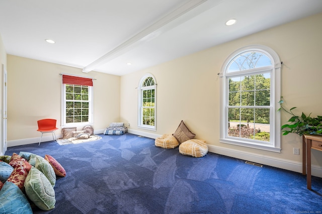 game room featuring beamed ceiling, carpet flooring, and a wealth of natural light