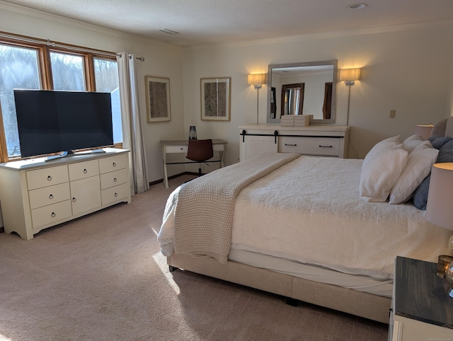 bedroom with ornamental molding, visible vents, and light carpet