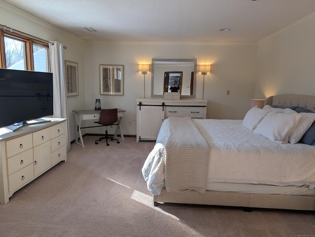 bedroom with visible vents, baseboards, light colored carpet, and ornamental molding