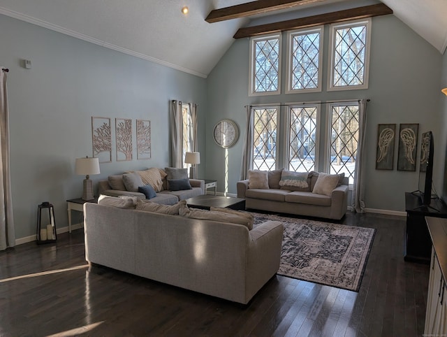 living room featuring crown molding, baseboards, beam ceiling, dark wood-style floors, and high vaulted ceiling