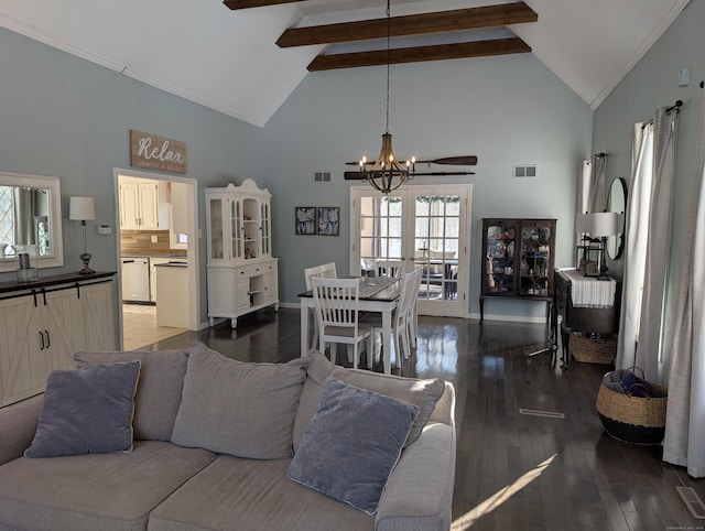 living room with visible vents, beamed ceiling, high vaulted ceiling, and hardwood / wood-style flooring