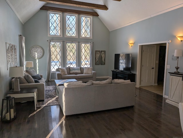 living area with high vaulted ceiling, baseboards, and dark wood-style flooring