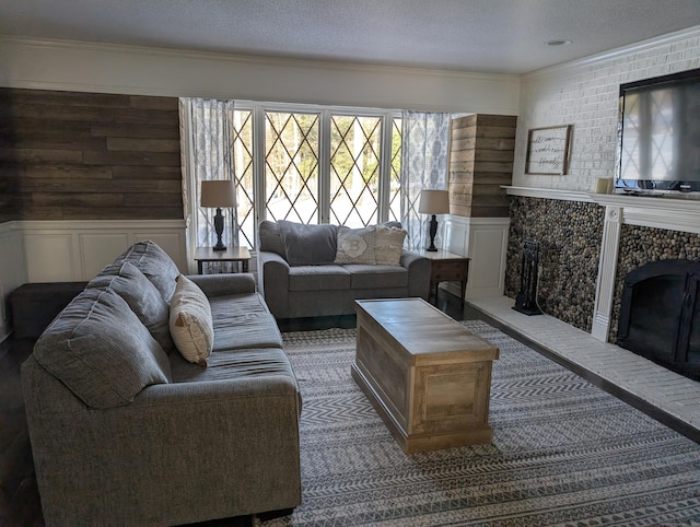 living area with a premium fireplace, a textured ceiling, and ornamental molding