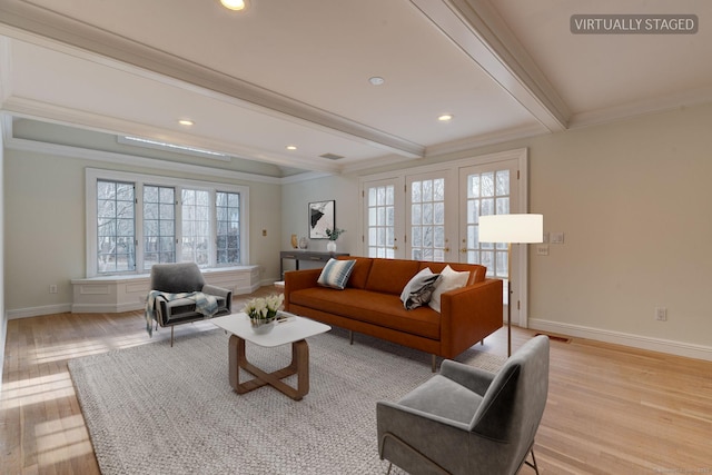 living area with beam ceiling, light wood-type flooring, baseboards, recessed lighting, and ornamental molding