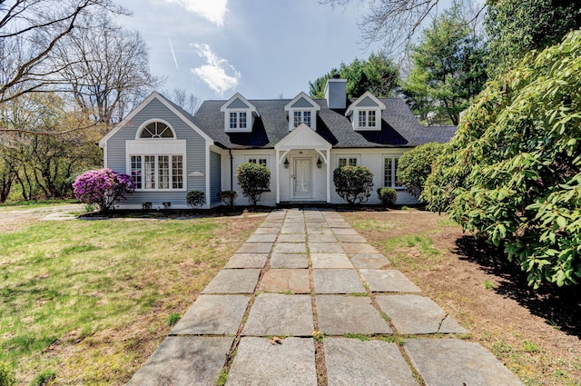 new england style home featuring a chimney, roof with shingles, and a front yard