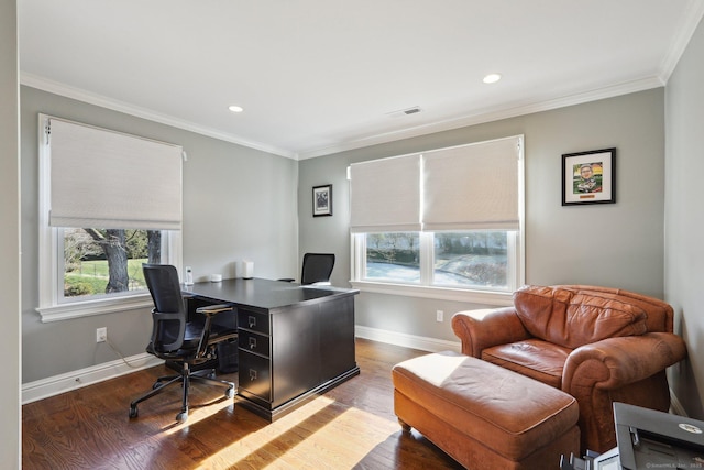 office area featuring hardwood / wood-style flooring and ornamental molding