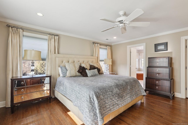 bedroom with ensuite bath, ceiling fan, ornamental molding, and dark hardwood / wood-style floors