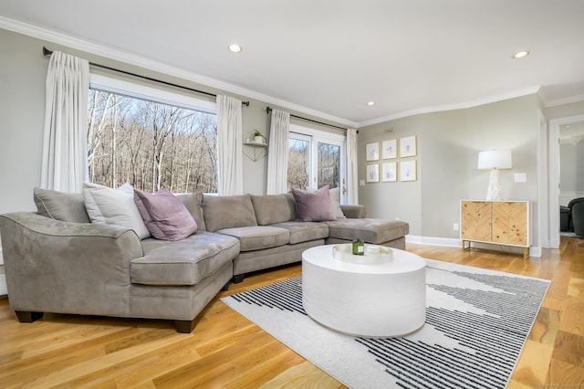 living room featuring light wood-type flooring and ornamental molding