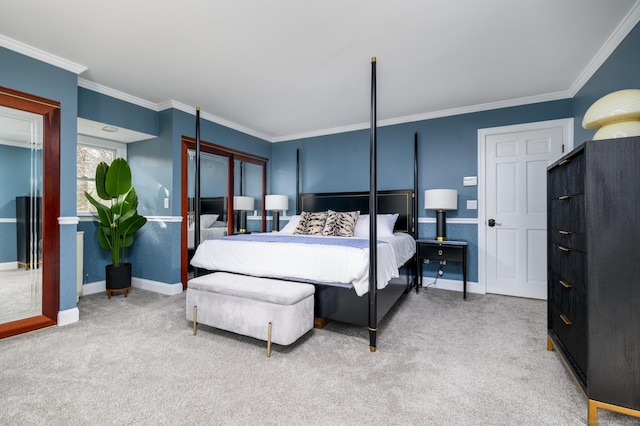 carpeted bedroom featuring ornamental molding