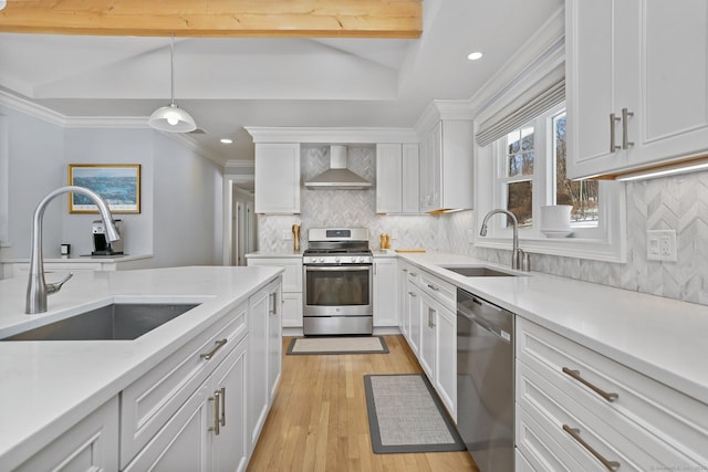 kitchen featuring white cabinetry, wall chimney range hood, stainless steel appliances, and sink