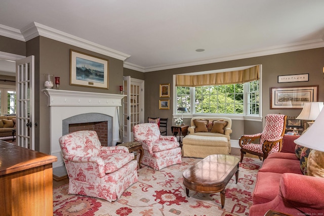 living room featuring french doors and crown molding