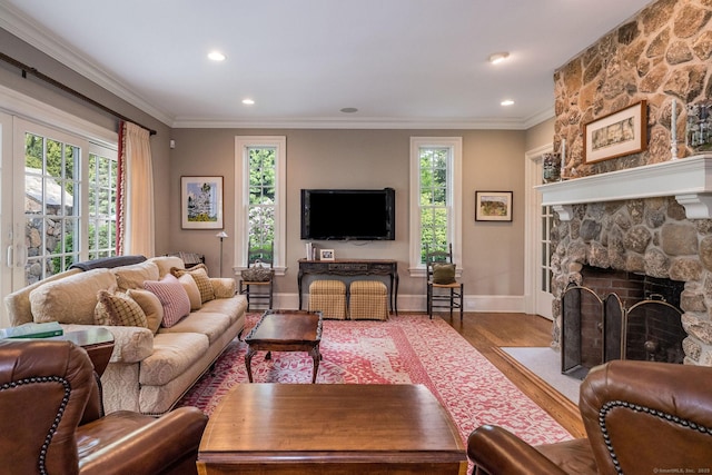 living room with a fireplace, ornamental molding, and wood-type flooring