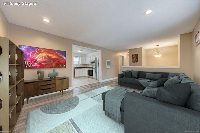 living room featuring sink and light wood-type flooring