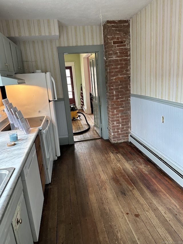 kitchen with white cabinetry, dark wood-type flooring, baseboard heating, and dishwasher