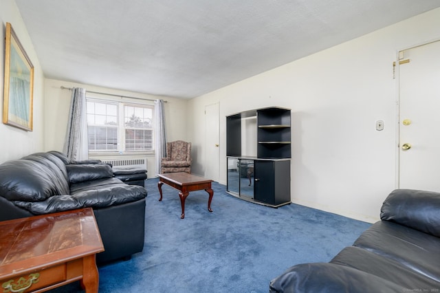 living room featuring a textured ceiling, radiator heating unit, and carpet