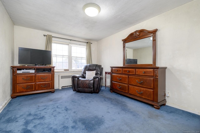 living area with a textured ceiling, carpet floors, and radiator heating unit