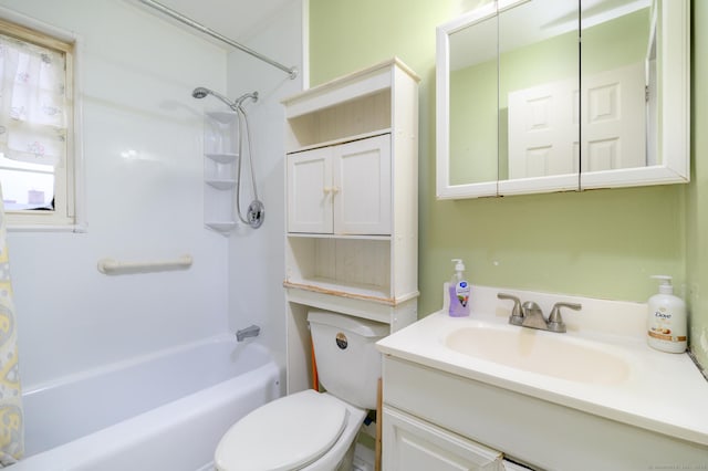 full bathroom with shower / bathing tub combination, vanity, and toilet